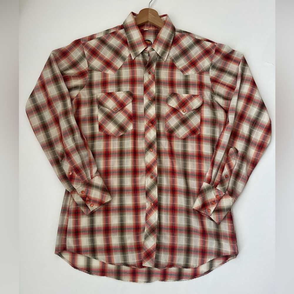 Vintage Miller Men’s L Western Red Brown Plaid Made in USA 70s Snap shirt